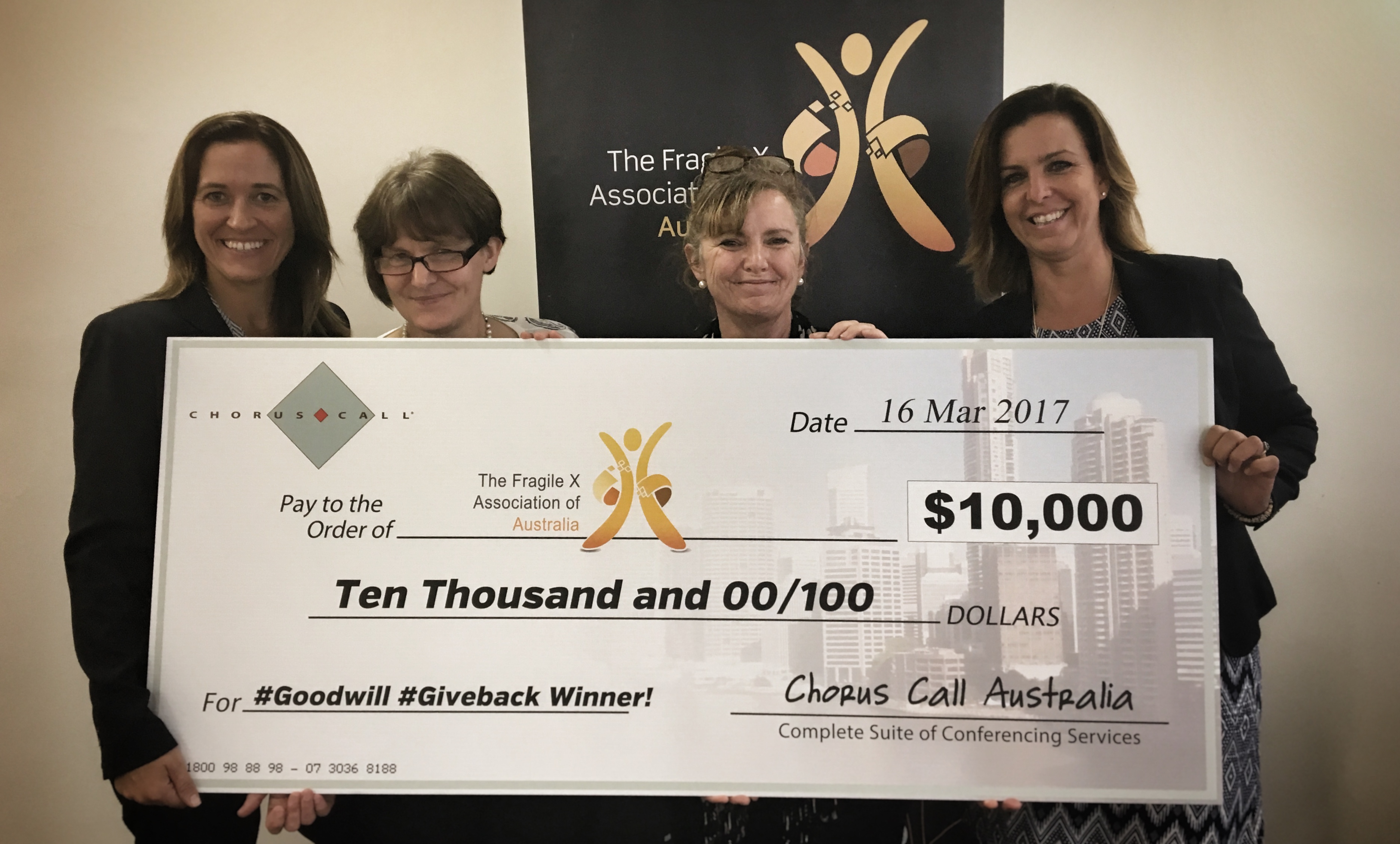 In 2016, the competition was won by Fragile X Association of Australia, who received their big cheque donation of $10000 and a year's worth of conferencing services.